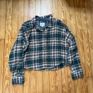 American Eagle Green and Brown Cropped Flannel Shirt